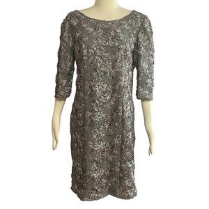 Alex Evening Gray Lace Ribbon Rosette 3/4 Sleeve Sequin Floral Motif Midi Dress